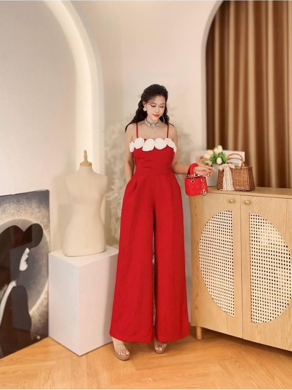 Women’s Red Wide-Leg Jumpsuit with Contrast Floral Trim